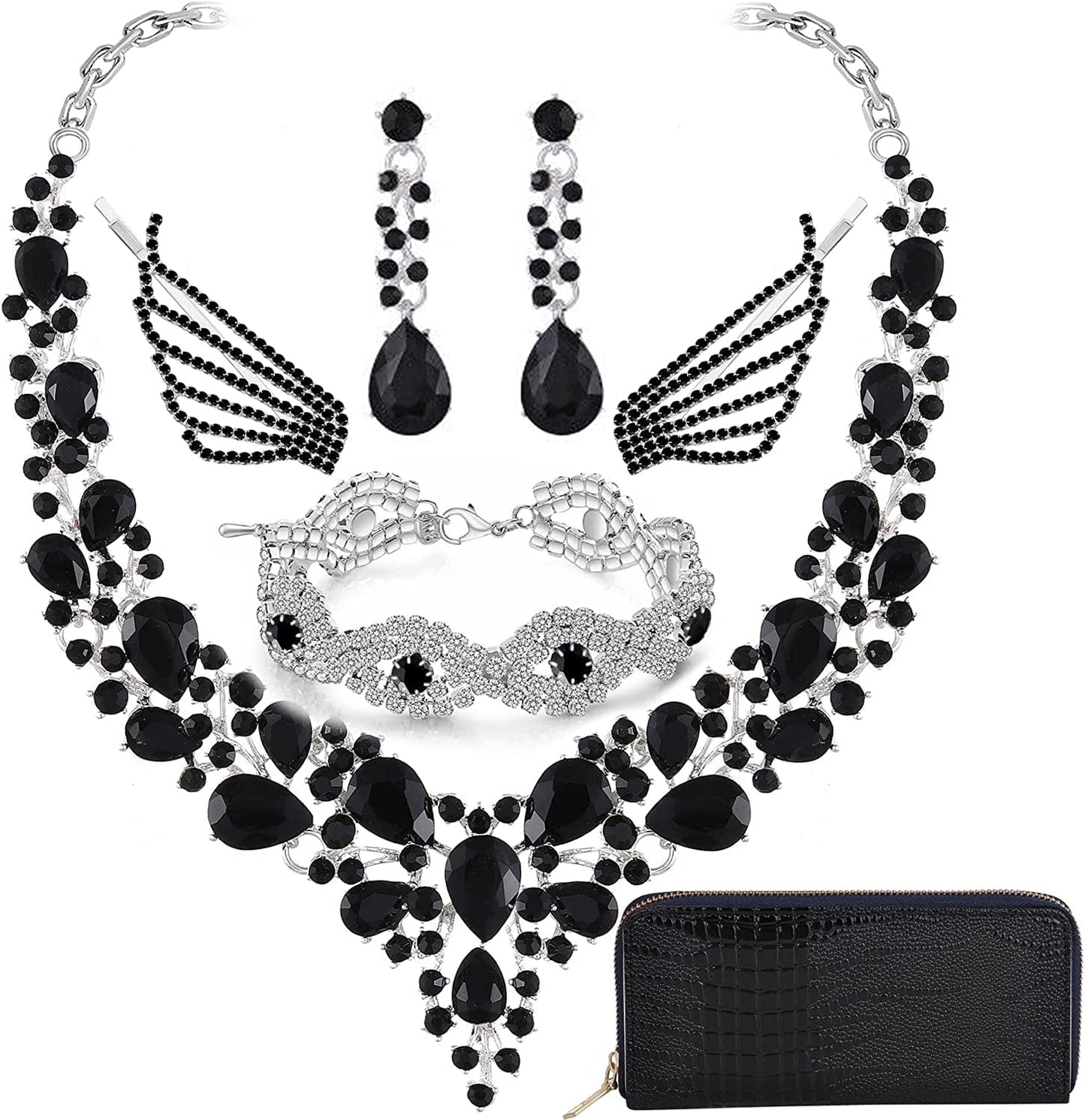 Paxuan Wedding Bridal Prom Crystal Rhinestone Necklace Earrings Bracelet Tiaras Crown Jewelry Sets for Bride Bridesmaid Wedding Dress Black-Necklace+Earrings+Bracelet+Hair Clips+Wallet