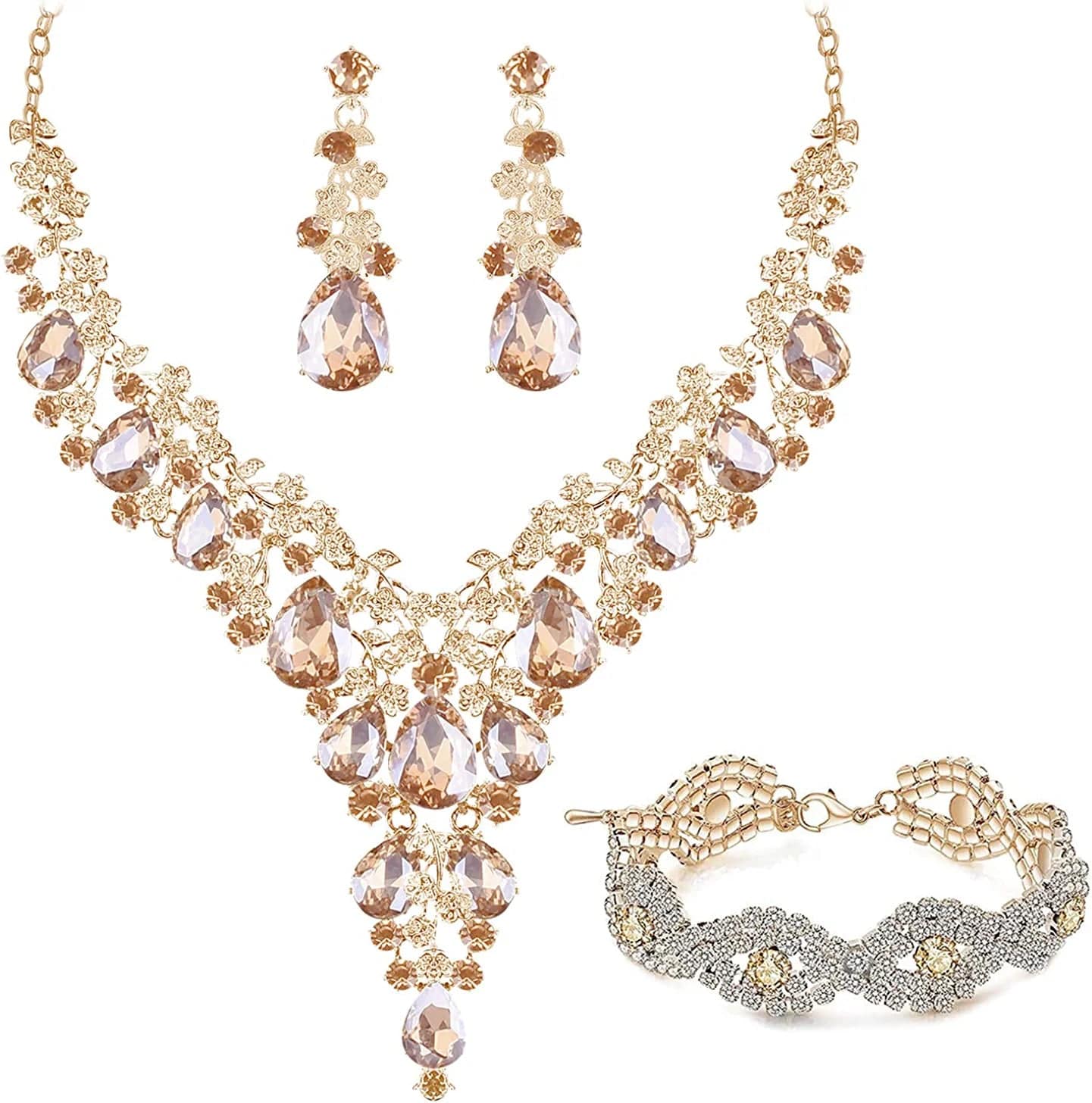 Paxuan Wedding Bridal Prom Crystal Rhinestone Necklace Earrings Bracelet Tiaras Crown Jewelry Sets for Bride Bridesmaid Wedding Dress Champagne-Necklace+Earrings+Bracelet(B)