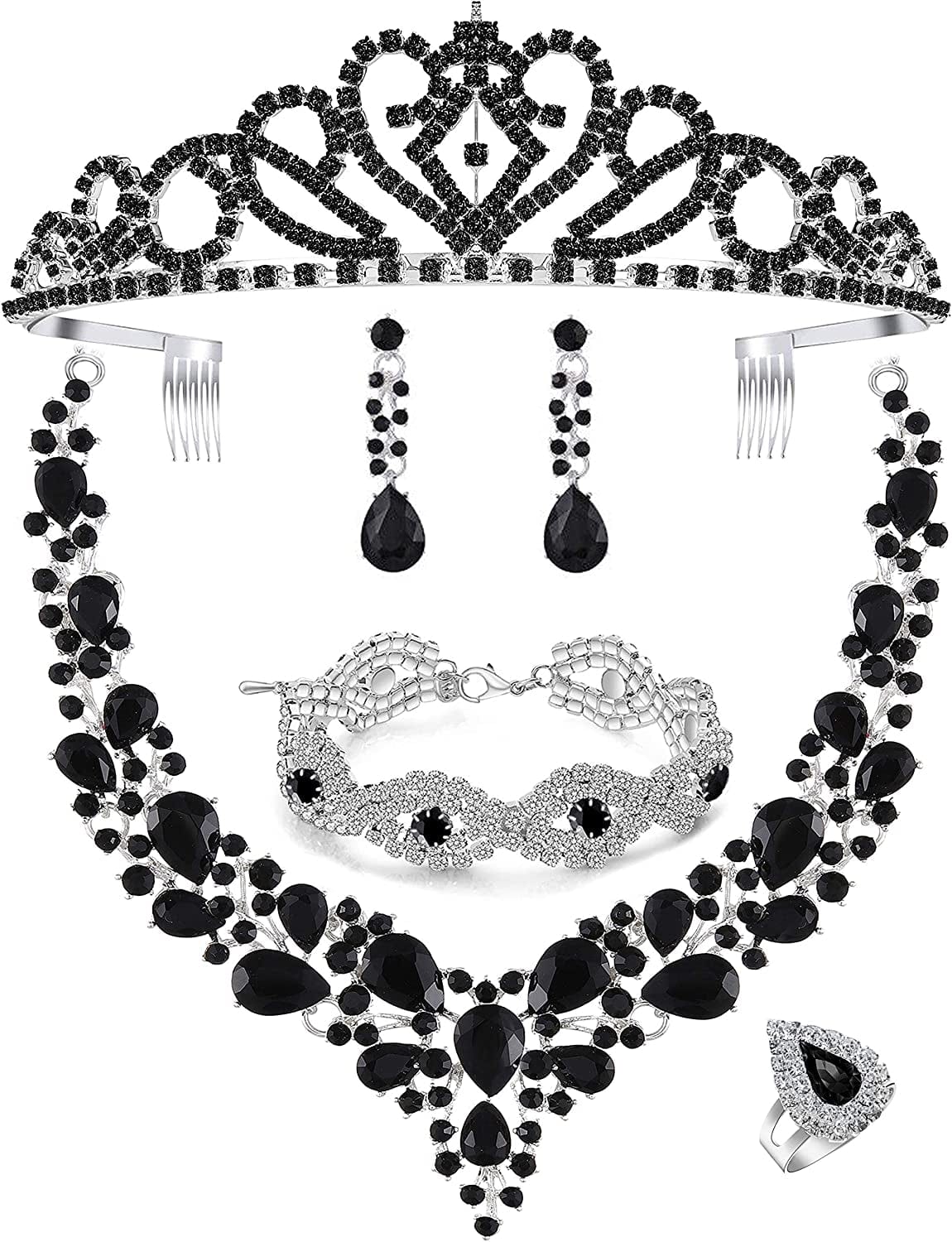 Paxuan Wedding Bridal Prom Crystal Rhinestone Necklace Earrings Bracelet Tiaras Crown Jewelry Sets for Bride Bridesmaid Wedding Dress Black-Necklace+Earrings+Bracelet+Tiara+Ring