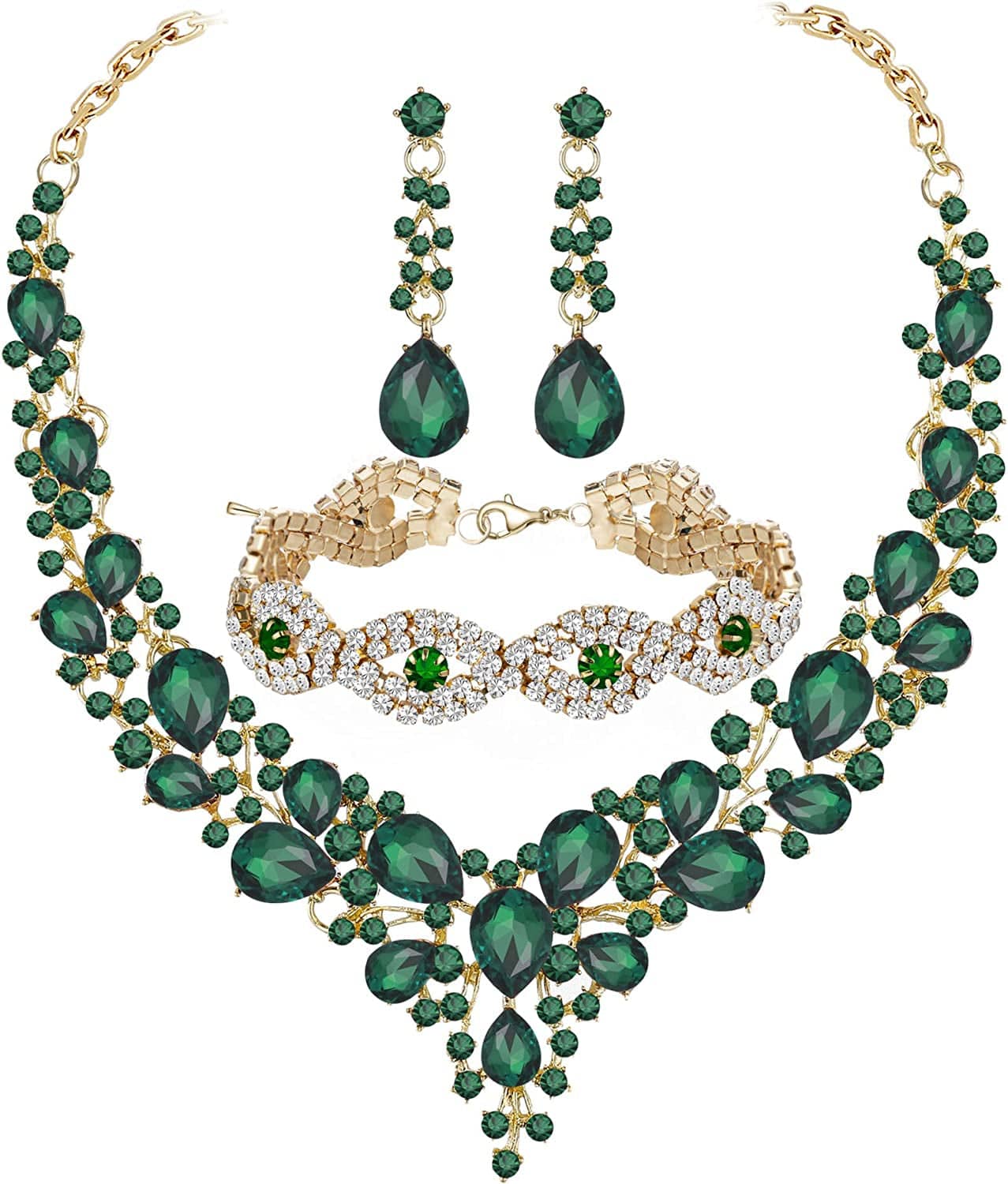 Paxuan Wedding Bridal Prom Crystal Rhinestone Necklace Earrings Bracelet Tiaras Crown Jewelry Sets for Bride Bridesmaid Wedding Dress Green- Necklace + Earrings + Bracelet