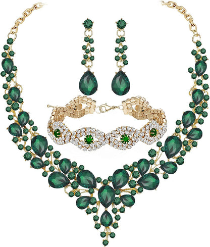Paxuan Wedding Bridal Prom Crystal Rhinestone Necklace Earrings Bracelet Tiaras Crown Jewelry Sets for Bride Bridesmaid Wedding Dress Green- Necklace + Earrings + Bracelet