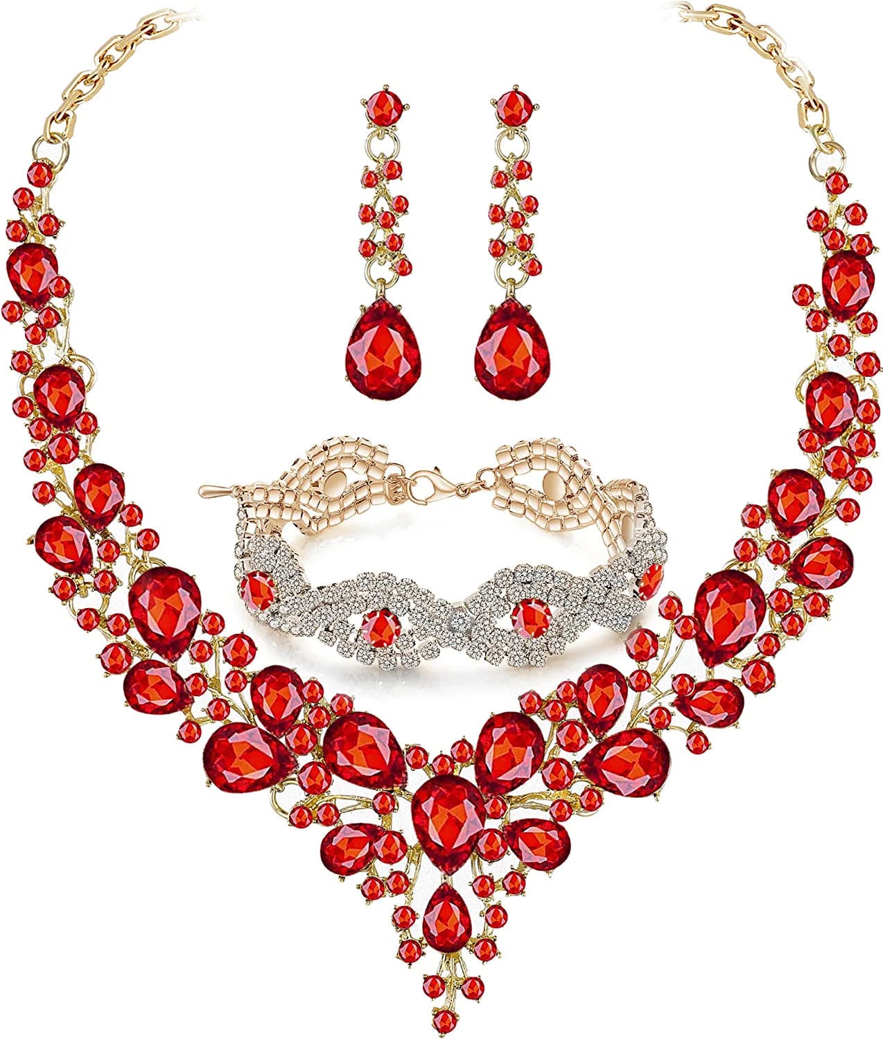 Paxuan Wedding Bridal Prom Crystal Rhinestone Necklace Earrings Bracelet Tiaras Crown Jewelry Sets for Bride Bridesmaid Wedding Dress Red - Necklace + Earrings + Bracelet
