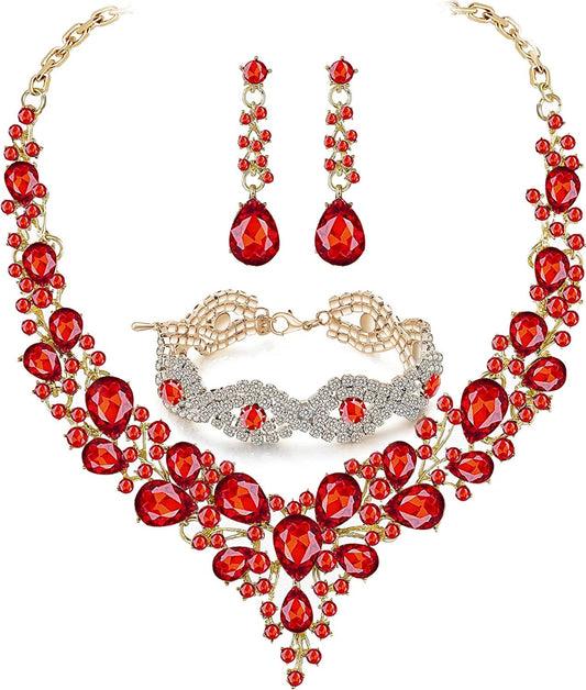 Paxuan Wedding Bridal Prom Crystal Rhinestone Necklace Earrings Bracelet Tiaras Crown Jewelry Sets for Bride Bridesmaid Wedding Dress Red - Necklace + Earrings + Bracelet