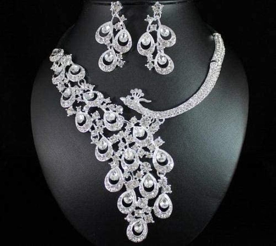 Peacock Clear White Austrian Rhinestone Crystal Bib Statement Necklace Earrings Jewelry Set Party Bridal Set Wedding Silver N1391