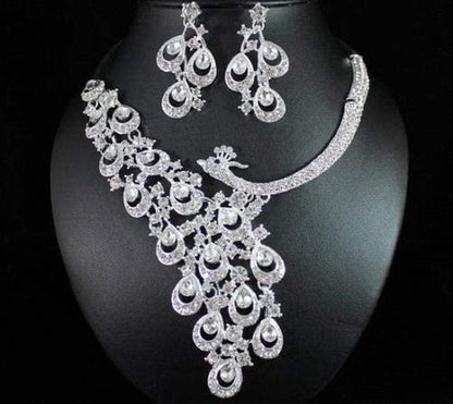 Peacock Clear White Austrian Rhinestone Crystal Bib Statement Necklace Earrings Jewelry Set Party Bridal Set Wedding Silver N1391