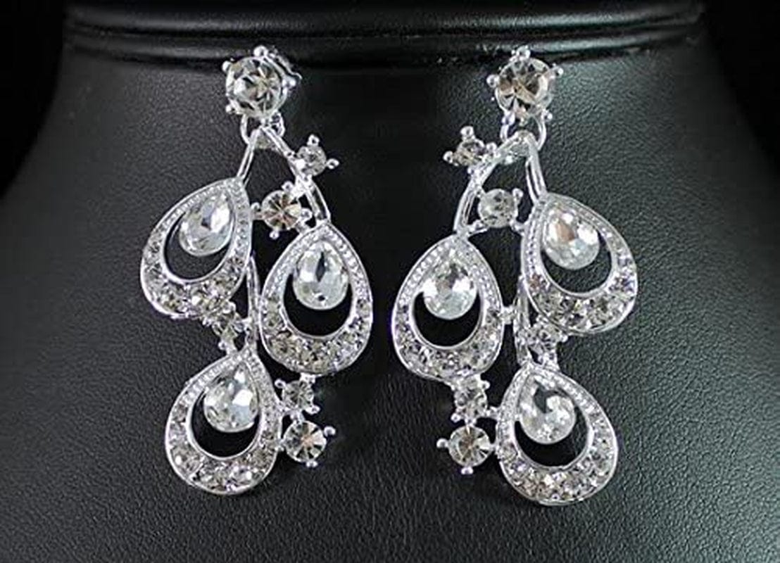 Peacock Clear White Austrian Rhinestone Crystal Bib Statement Necklace Earrings Jewelry Set Party Bridal Set Wedding Silver N1391