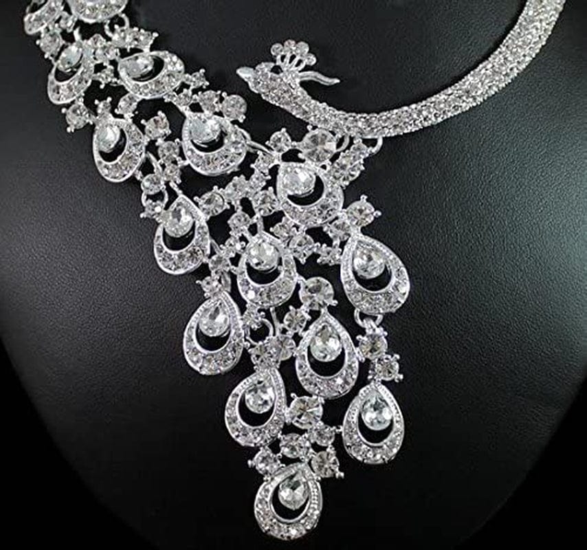 Peacock Clear White Austrian Rhinestone Crystal Bib Statement Necklace Earrings Jewelry Set Party Bridal Set Wedding Silver N1391