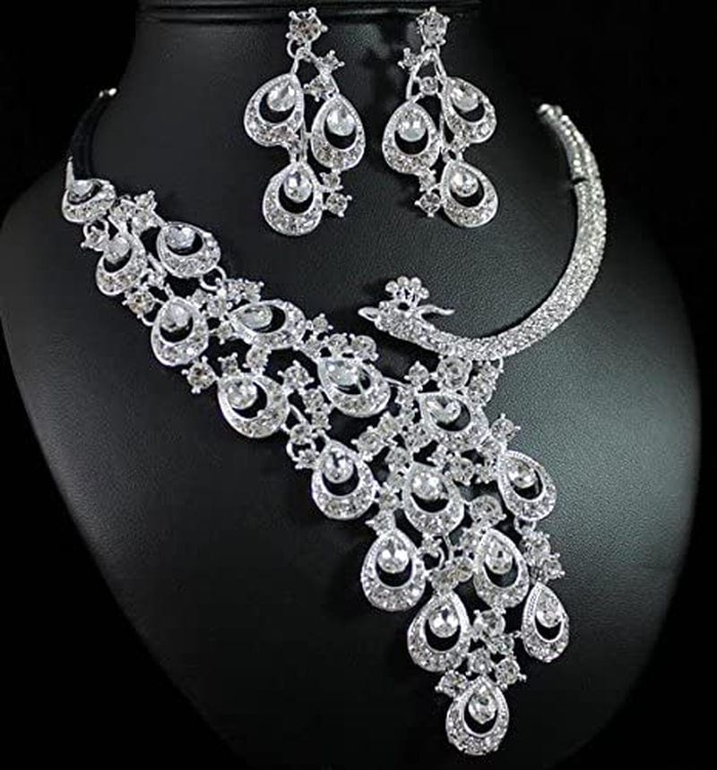 Peacock Clear White Austrian Rhinestone Crystal Bib Statement Necklace Earrings Jewelry Set Party Bridal Set Wedding Silver N1391