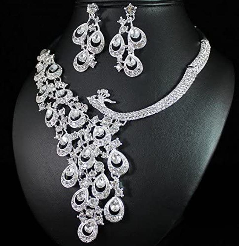 Peacock Clear White Austrian Rhinestone Crystal Bib Statement Necklace Earrings Jewelry Set Party Bridal Set Wedding Silver N1391
