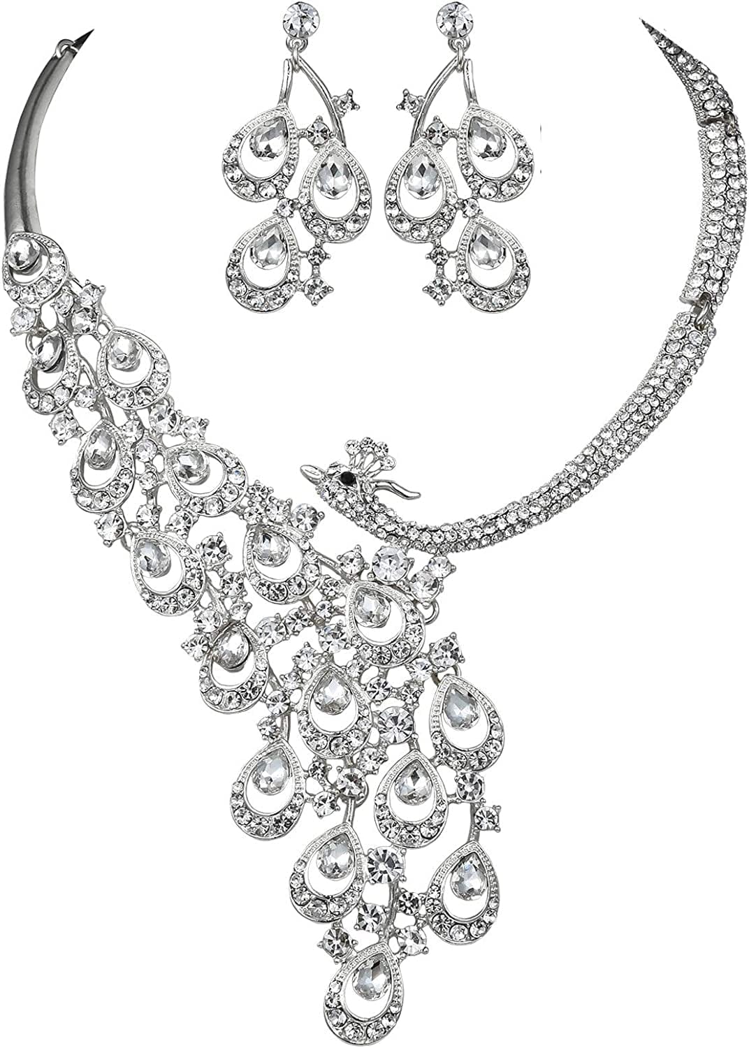 Peacock Clear White Austrian Rhinestone Crystal Bib Statement Necklace Earrings Jewelry Set Party Bridal Set Wedding Silver N1391
