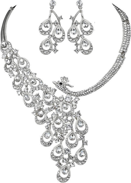Peacock Clear White Austrian Rhinestone Crystal Bib Statement Necklace Earrings Jewelry Set Party Bridal Set Wedding Silver N1391
