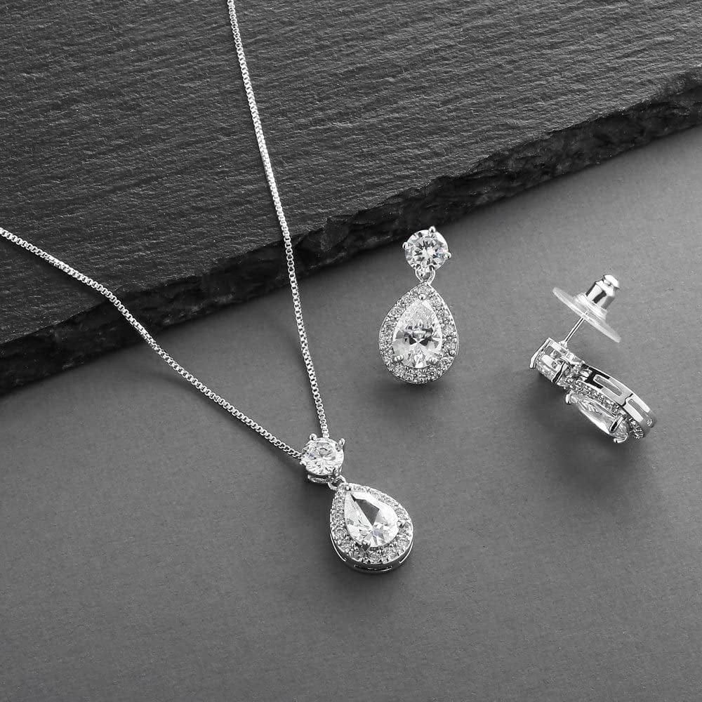 Pear Shaped CZ Teardrop Necklace and Earrings Set - Wedding Jewelry for Brides & Bridesmaids