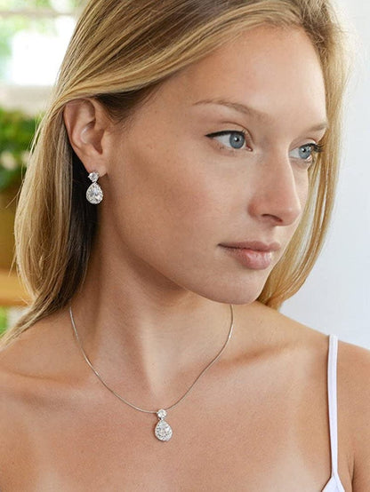 Pear Shaped CZ Teardrop Necklace and Earrings Set - Wedding Jewelry for Brides & Bridesmaids