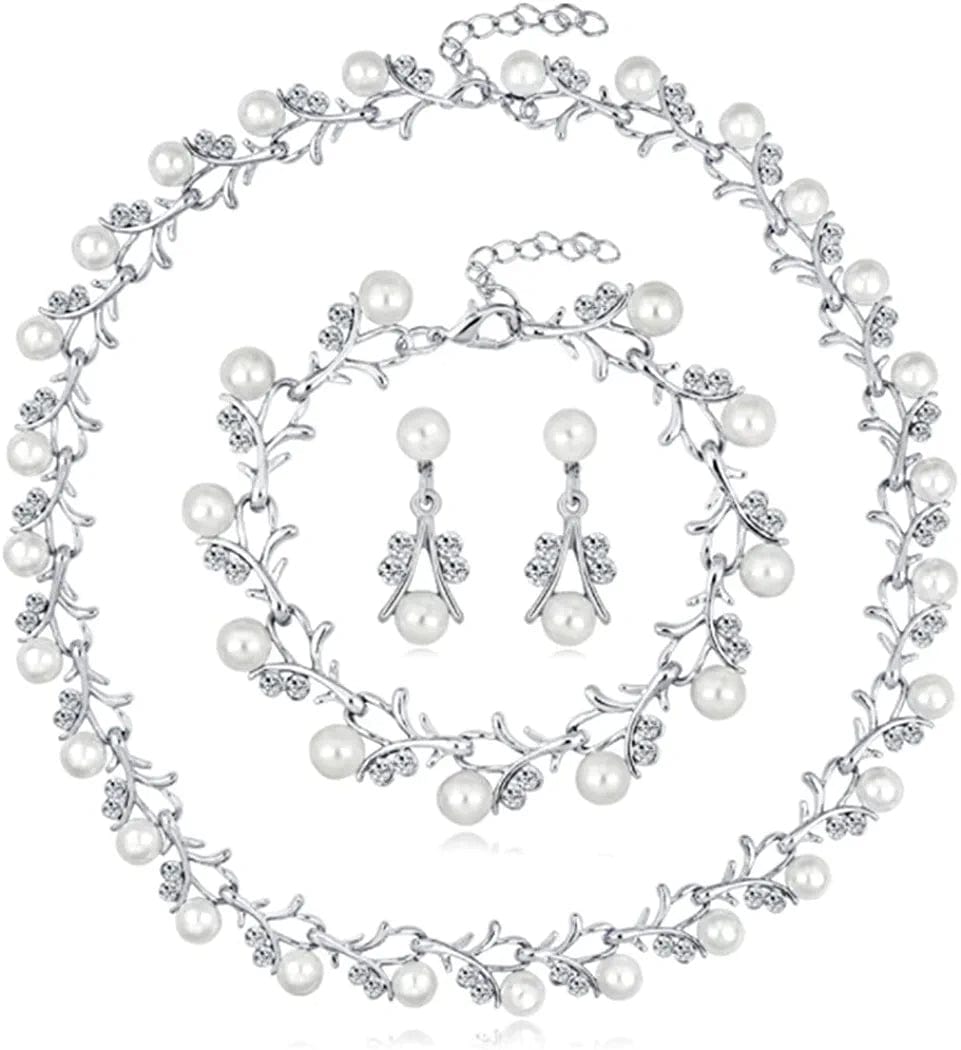 Pearl Bride Wedding Jewelry Set Crystal Bridal Necklace Bracelet Earrings Sets Rhinestone Choker Necklace Prom Costume Jewelry Set for Women and Girls Silver