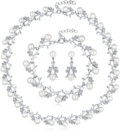 Pearl Bride Wedding Jewelry Set Crystal Bridal Necklace Bracelet Earrings Sets Rhinestone Choker Necklace Prom Costume Jewelry Set for Women and Girls Silver