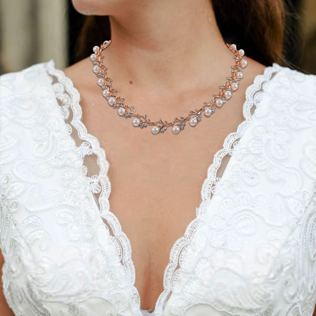 Pearl Bride Wedding Jewelry Set Crystal Bridal Necklace Bracelet Earrings Sets Rhinestone Choker Necklace Prom Costume Jewelry Set for Women and Girls