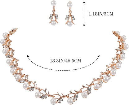 Pearl Bride Wedding Jewelry Set Crystal Bridal Necklace Bracelet Earrings Sets Rhinestone Choker Necklace Prom Costume Jewelry Set for Women and Girls