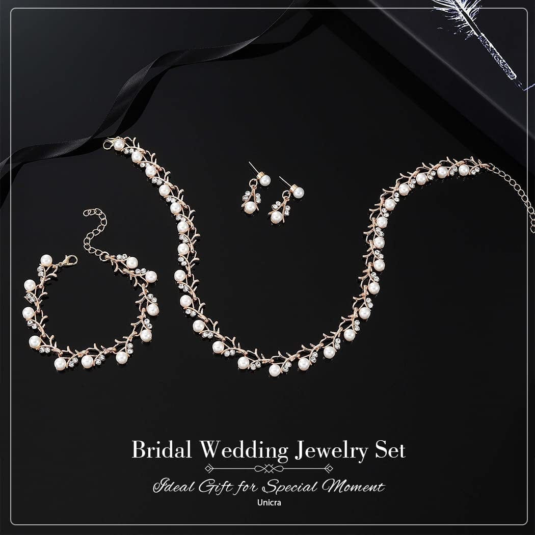 Pearl Bride Wedding Jewelry Set Crystal Bridal Necklace Bracelet Earrings Sets Rhinestone Choker Necklace Prom Costume Jewelry Set for Women and Girls