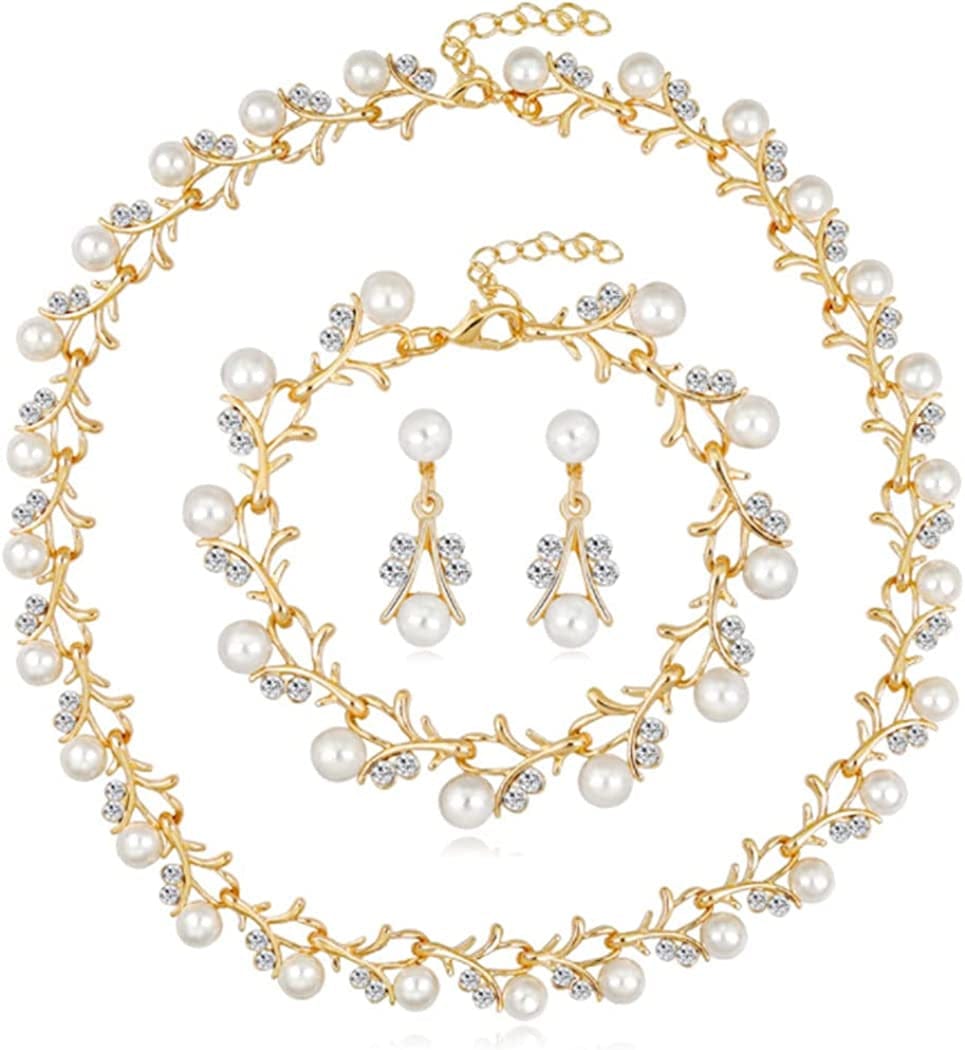 Pearl Bride Wedding Jewelry Set Crystal Bridal Necklace Bracelet Earrings Sets Rhinestone Choker Necklace Prom Costume Jewelry Set for Women and Girls Gold