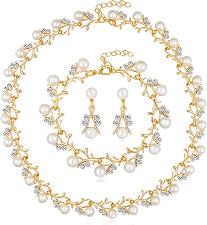 Pearl Bride Wedding Jewelry Set Crystal Bridal Necklace Bracelet Earrings Sets Rhinestone Choker Necklace Prom Costume Jewelry Set for Women and Girls Gold