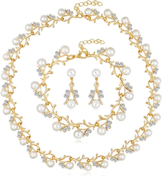 Pearl Bride Wedding Jewelry Set Crystal Bridal Necklace Bracelet Earrings Sets Rhinestone Choker Necklace Prom Costume Jewelry Set for Women and Girls Gold