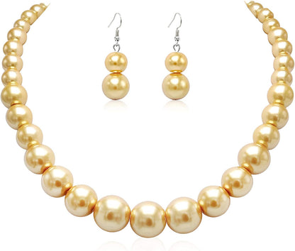 Pearl Choker Necklace for Women Faux Pearl Beads Strand Necklace Earring Set Costume Jewelry Golden