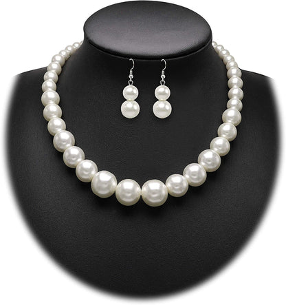 Pearl Choker Necklace for Women Faux Pearl Beads Strand Necklace Earring Set Costume Jewelry