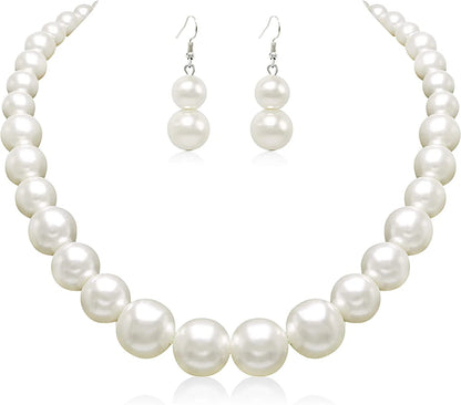 Pearl Choker Necklace for Women Faux Pearl Beads Strand Necklace Earring Set Costume Jewelry Cream White