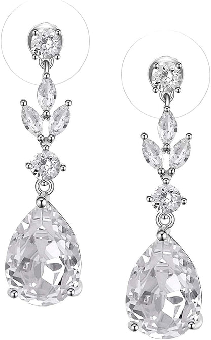 Pearl Drop Earrings for Women,Bridesmaids,Brides -Teardrop Crystal Rhinestones Cubic Zirconia Earrings Dangling 01.Silver