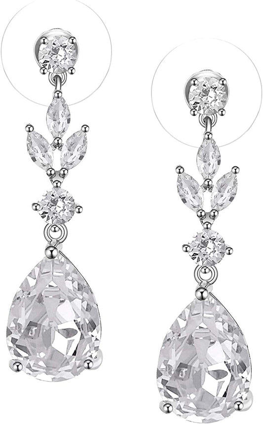 Pearl Drop Earrings for Women,Bridesmaids,Brides -Teardrop Crystal Rhinestones Cubic Zirconia Earrings Dangling 01.Silver