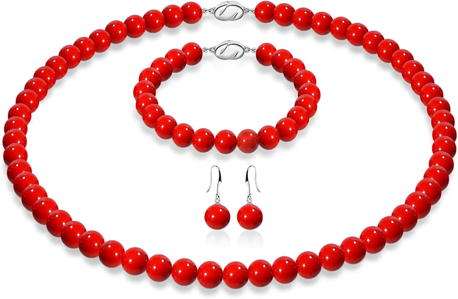 Pearl Necklace Set for Women Girls, 8Mm round Shell Pearl Includes Stunning Bracelet and Dangle Earrings 3 Piece Jewelry, Birthday Christmas Gift for Mom Wife Sister Best Friend, Gift Box Red Pearl
