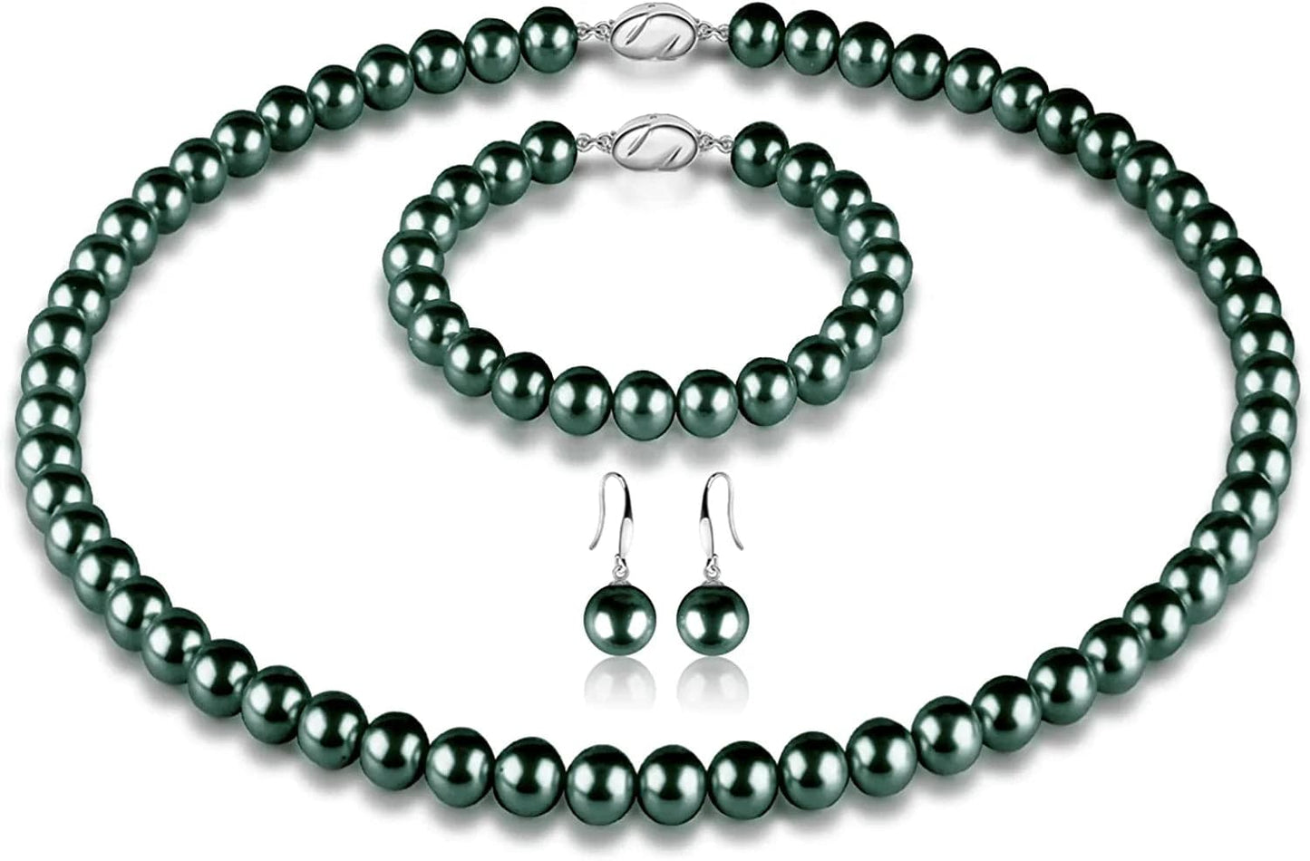 Pearl Necklace Set for Women Girls, 8Mm round Shell Pearl Includes Stunning Bracelet and Dangle Earrings 3 Piece Jewelry, Birthday Christmas Gift for Mom Wife Sister Best Friend, Gift Box Peacock Green