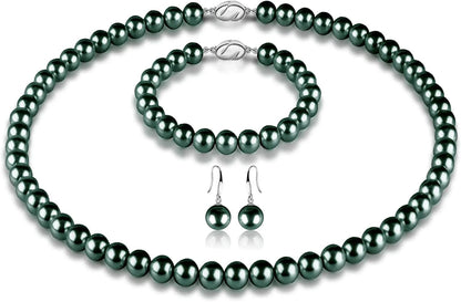 Pearl Necklace Set for Women Girls, 8Mm round Shell Pearl Includes Stunning Bracelet and Dangle Earrings 3 Piece Jewelry, Birthday Christmas Gift for Mom Wife Sister Best Friend, Gift Box Peacock Green