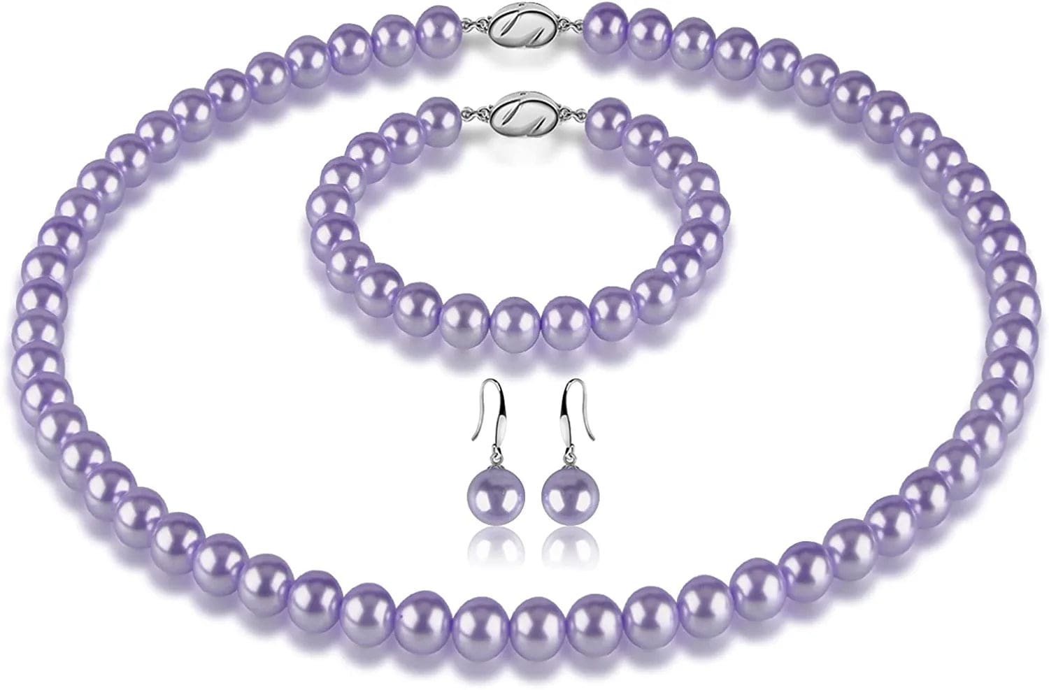 Pearl Necklace Set for Women Girls, 8Mm round Shell Pearl Includes Stunning Bracelet and Dangle Earrings 3 Piece Jewelry, Birthday Christmas Gift for Mom Wife Sister Best Friend, Gift Box C-Purple Pearl