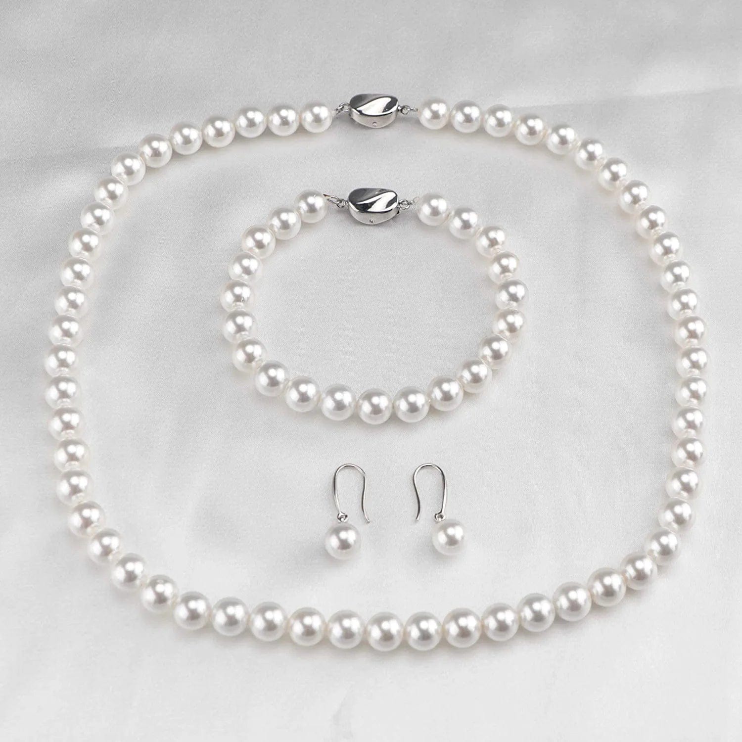 Pearl Necklace Set for Women Girls, 8Mm round Shell Pearl Includes Stunning Bracelet and Dangle Earrings 3 Piece Jewelry, Birthday Christmas Gift for Mom Wife Sister Best Friend, Gift Box