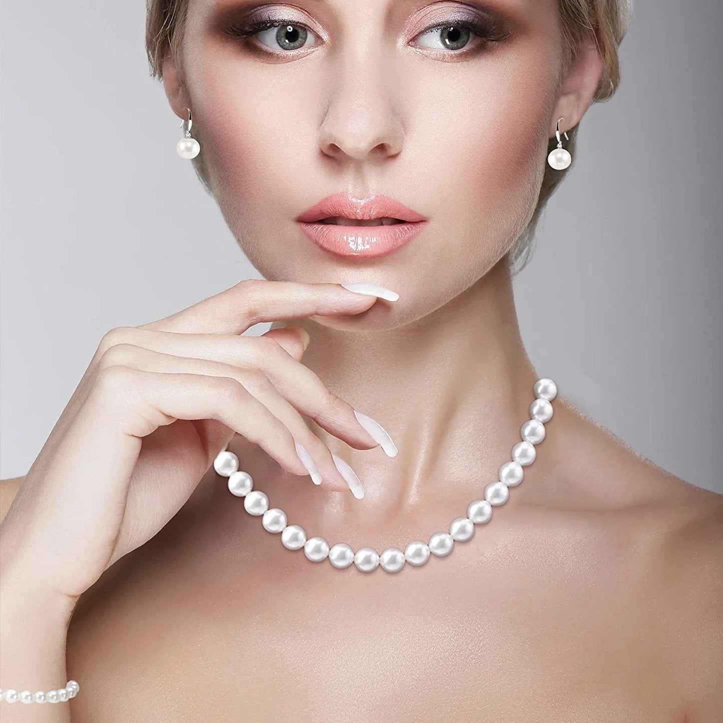 Pearl Necklace Set for Women Girls, 8Mm round Shell Pearl Includes Stunning Bracelet and Dangle Earrings 3 Piece Jewelry, Birthday Christmas Gift for Mom Wife Sister Best Friend, Gift Box