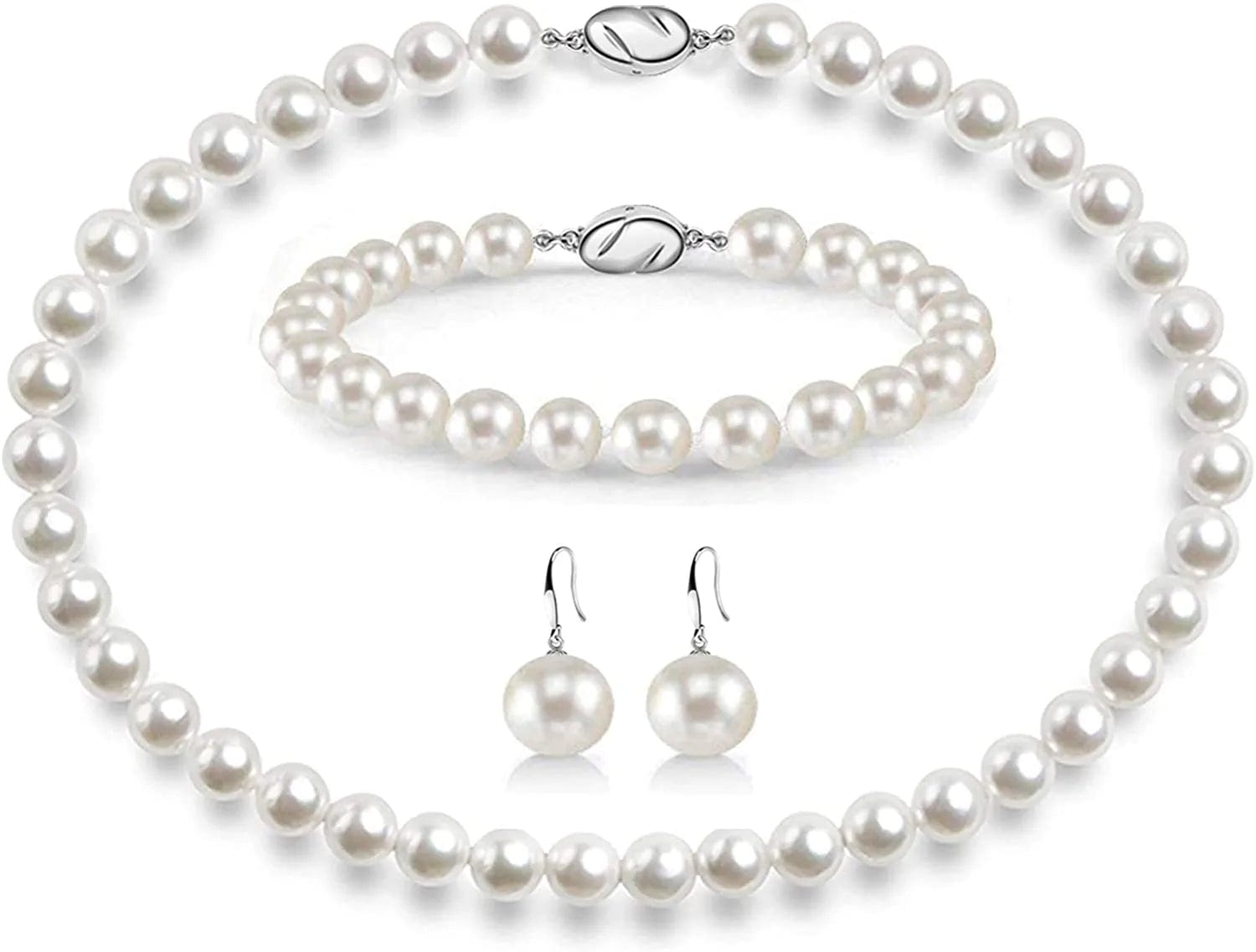 Pearl Necklace Set for Women Girls, 8Mm round Shell Pearl Includes Stunning Bracelet and Dangle Earrings 3 Piece Jewelry, Birthday Christmas Gift for Mom Wife Sister Best Friend, Gift Box White