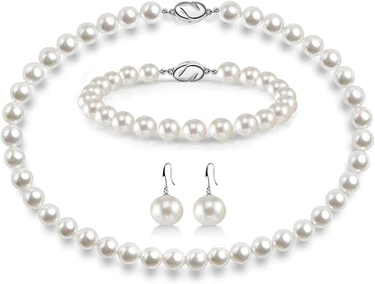 Pearl Necklace Set for Women Girls, 8Mm round Shell Pearl Includes Stunning Bracelet and Dangle Earrings 3 Piece Jewelry, Birthday Christmas Gift for Mom Wife Sister Best Friend, Gift Box White