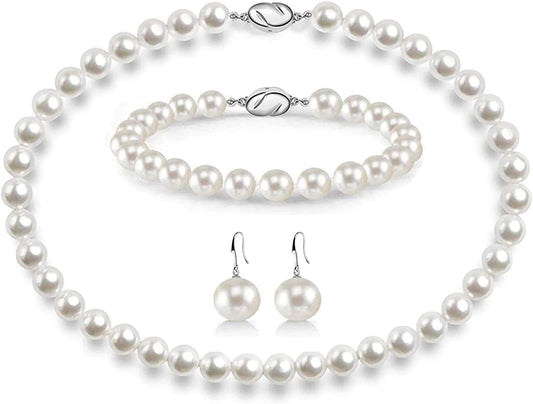 Pearl Necklace Set for Women Girls, 8Mm round Shell Pearl Includes Stunning Bracelet and Dangle Earrings 3 Piece Jewelry, Birthday Christmas Gift for Mom Wife Sister Best Friend, Gift Box White