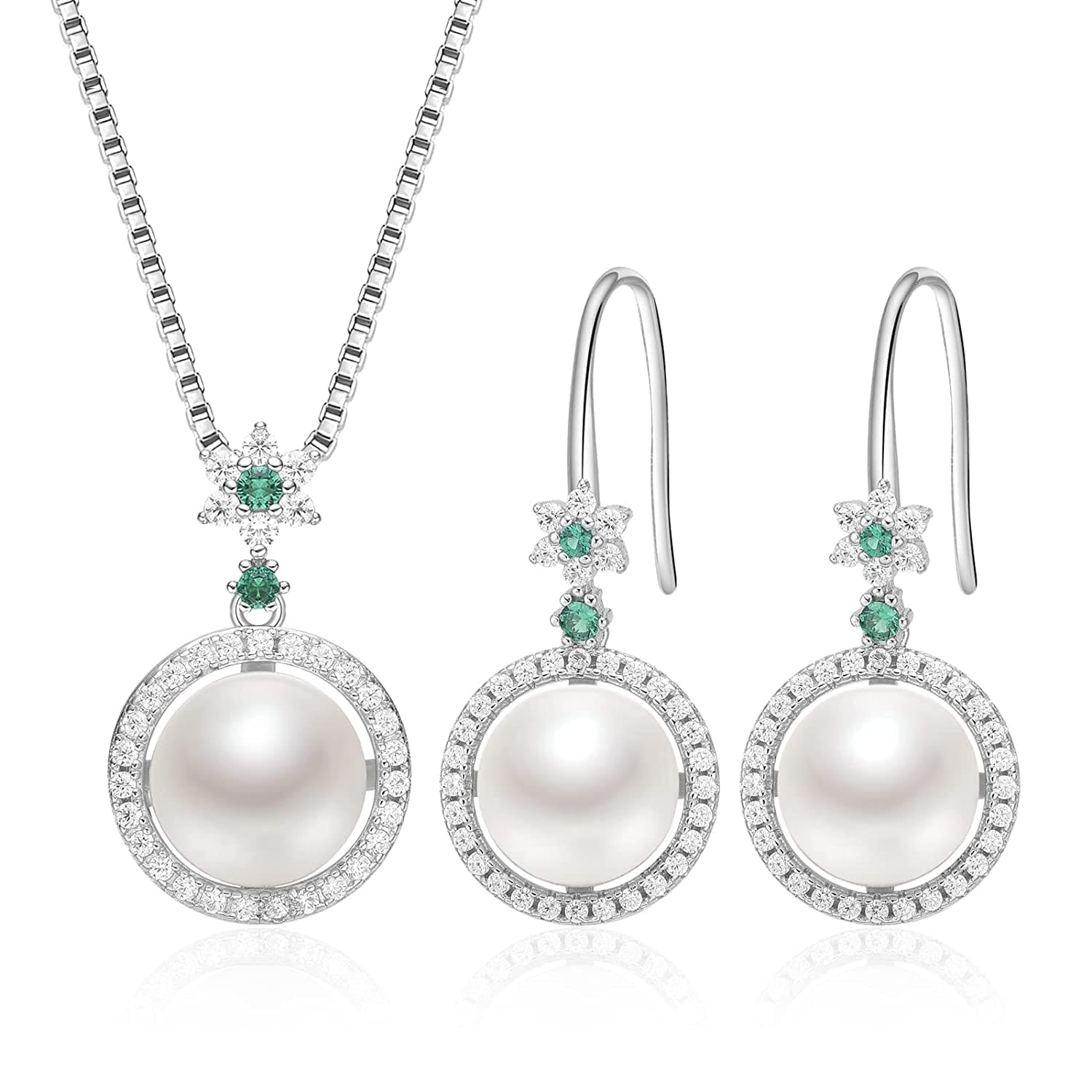 Pearls Necklace Sets for Women AAAA+ Freshwater Cultured round Pearl Necklace and Earring Sets 925 Sterling Silver Cubic Zirconia Jewelry Sets for Women Birthday Wife Sister Friend (9-10Mm) 10mm Round