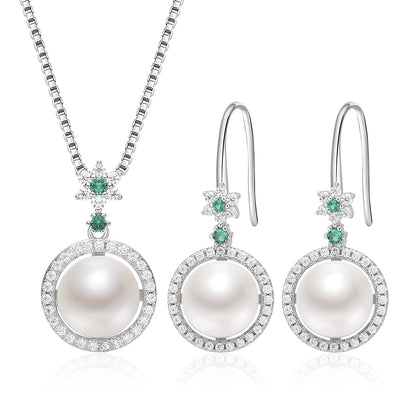 Pearls Necklace Sets for Women AAAA+ Freshwater Cultured round Pearl Necklace and Earring Sets 925 Sterling Silver Cubic Zirconia Jewelry Sets for Women Birthday Wife Sister Friend (9-10Mm) 10mm Round