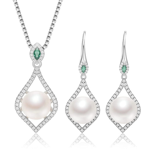 Pearls Necklace Sets for Women AAAA+ Freshwater Cultured round Pearl Necklace and Earring Sets 925 Sterling Silver Cubic Zirconia Jewelry Sets for Women Birthday Wife Sister Friend (9-10Mm) 10mm