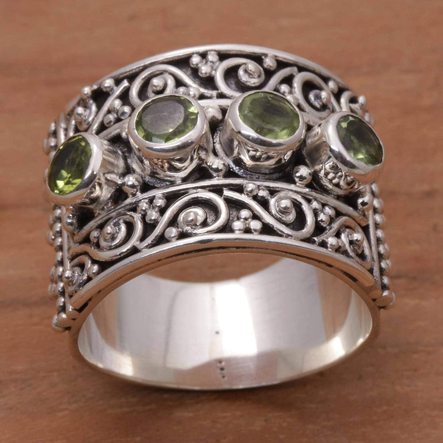 Peridot .925 Sterling Silver Spiral Motif Gemstone Cocktail Ring, Lucky Four'