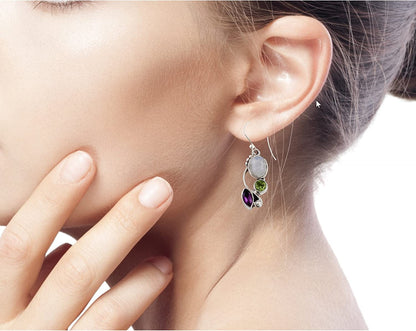 Peridot Amethyst Rainbow Moonstone .925 Sterling Silver Dangle Earrings, Natural Glamour'