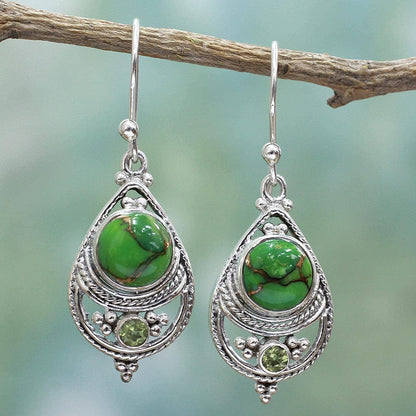 Peridot Green Reconstituted Turquoise .925 Sterling Silver Dangle Earrings 'Green Elegance'