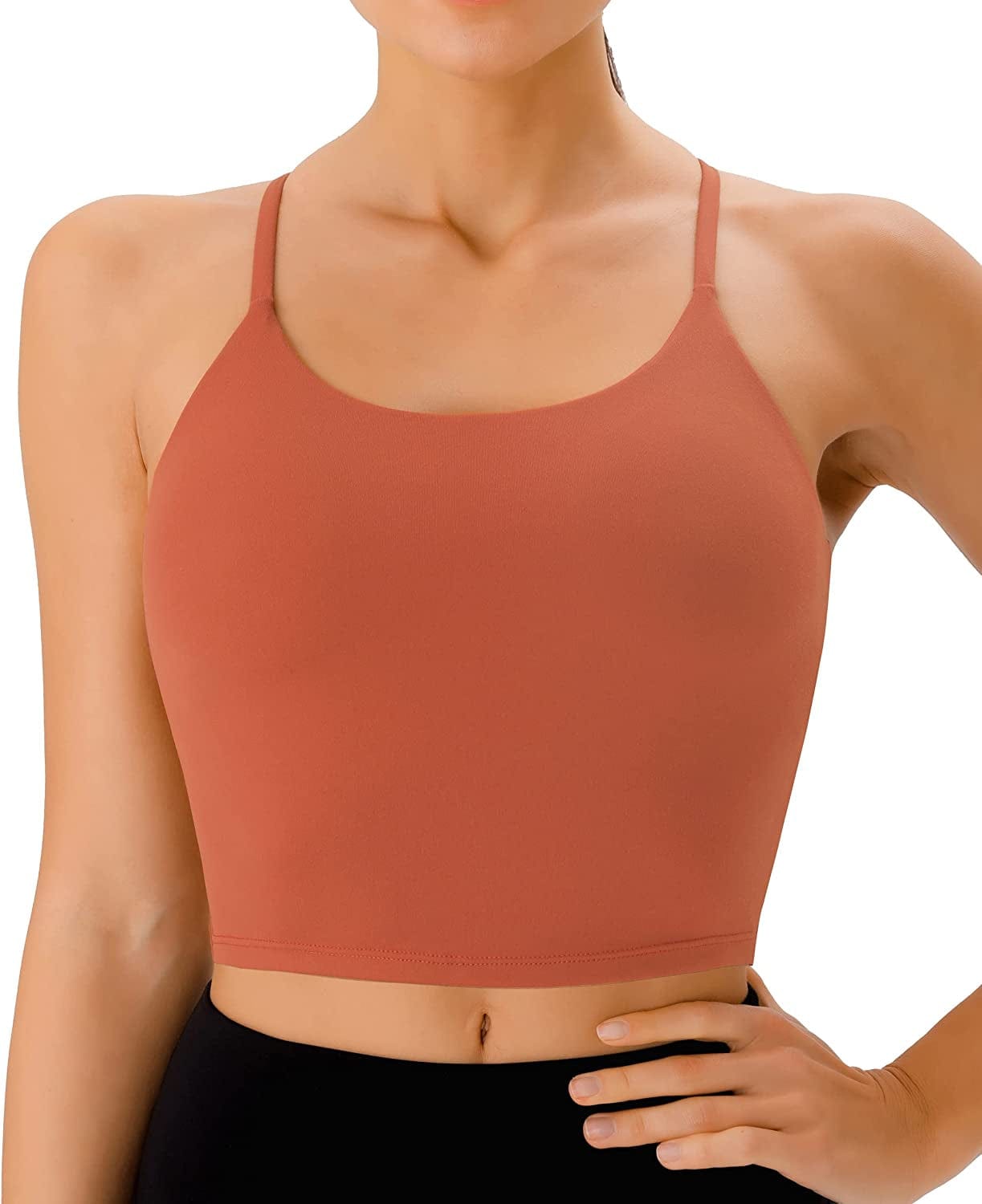 PERSIT Sports Bras Women Low Impact Removable Padded Workout Tops Longline Criss-Cross Back Crop Tank Top Caramel / X-Large