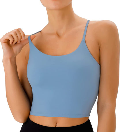PERSIT Sports Bras Women Low Impact Removable Padded Workout Tops Longline Criss-Cross Back Crop Tank Top Cerulean Blue / Small