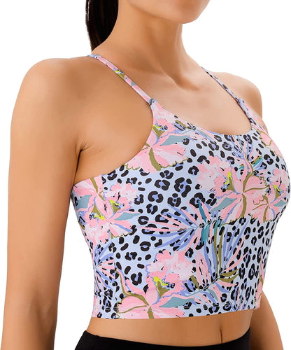 PERSIT Sports Bras Women Low Impact Removable Padded Workout Tops Longline Criss-Cross Back Crop Tank Top Leopard Sniff the Orchid / Small