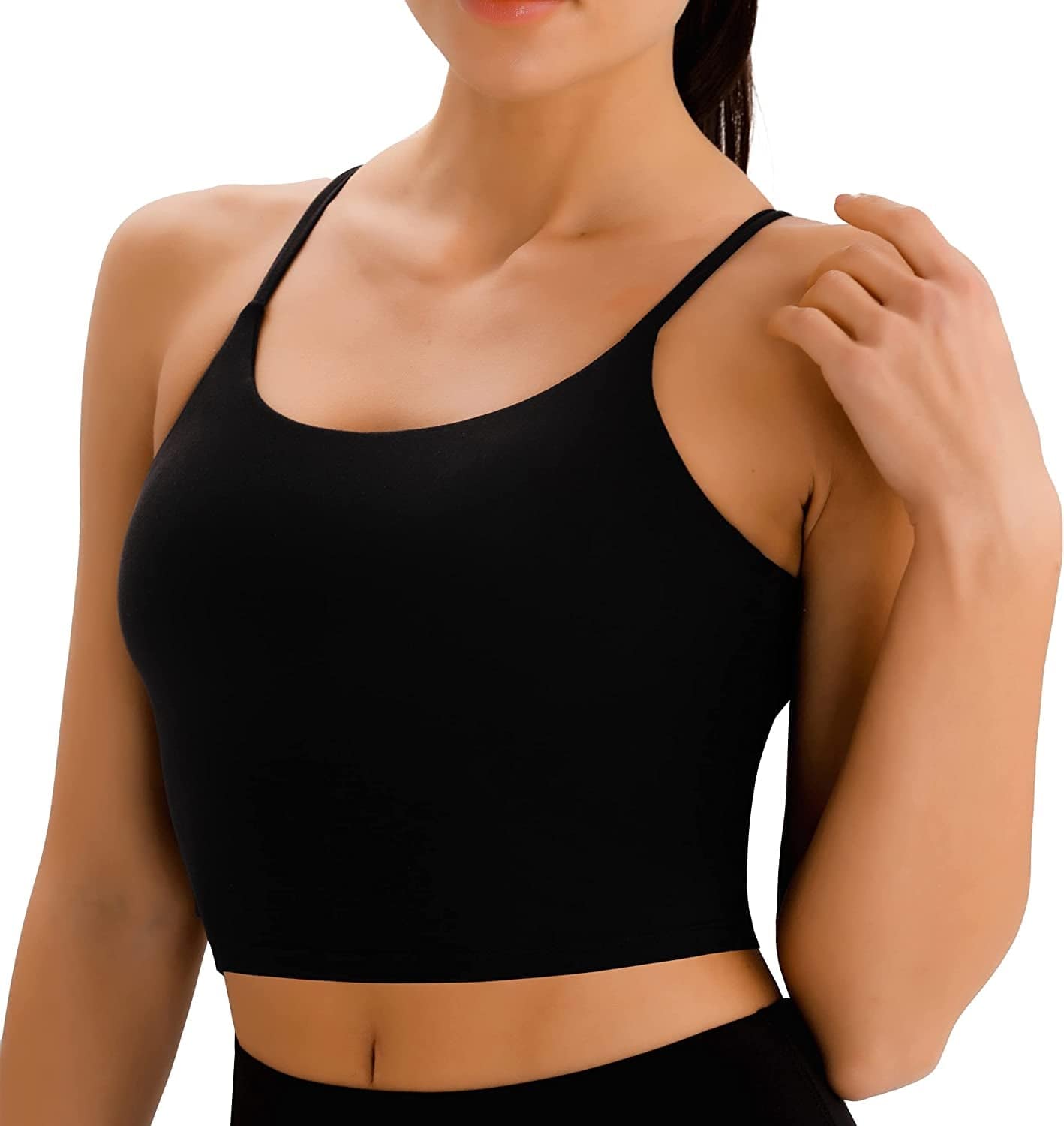 PERSIT Sports Bras Women Low Impact Removable Padded Workout Tops Longline Criss-Cross Back Crop Tank Top Black / X-Large