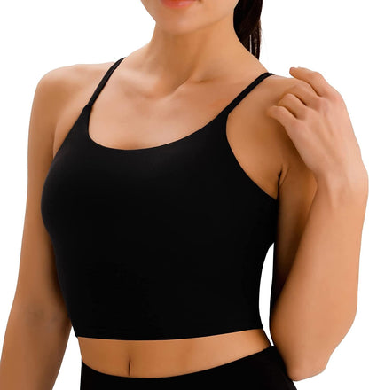 PERSIT Sports Bras Women Low Impact Removable Padded Workout Tops Longline Criss-Cross Back Crop Tank Top Black / X-Large